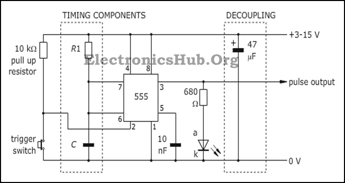 555 Timer in Monostable Mode Circuit Diagram